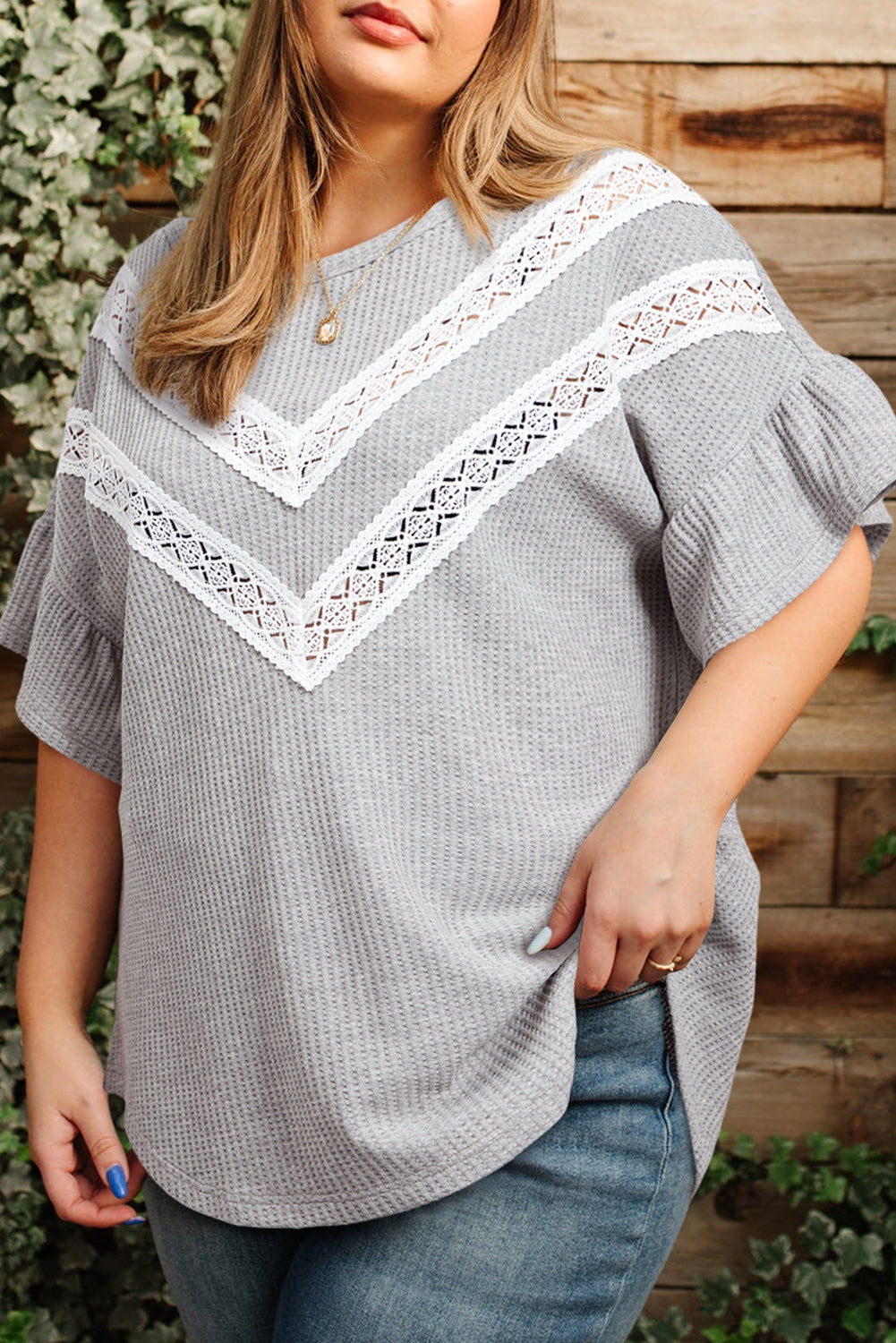Light Grey Lace Insert Waffle Ruffle Short-Sleeve Plus-Size Top
