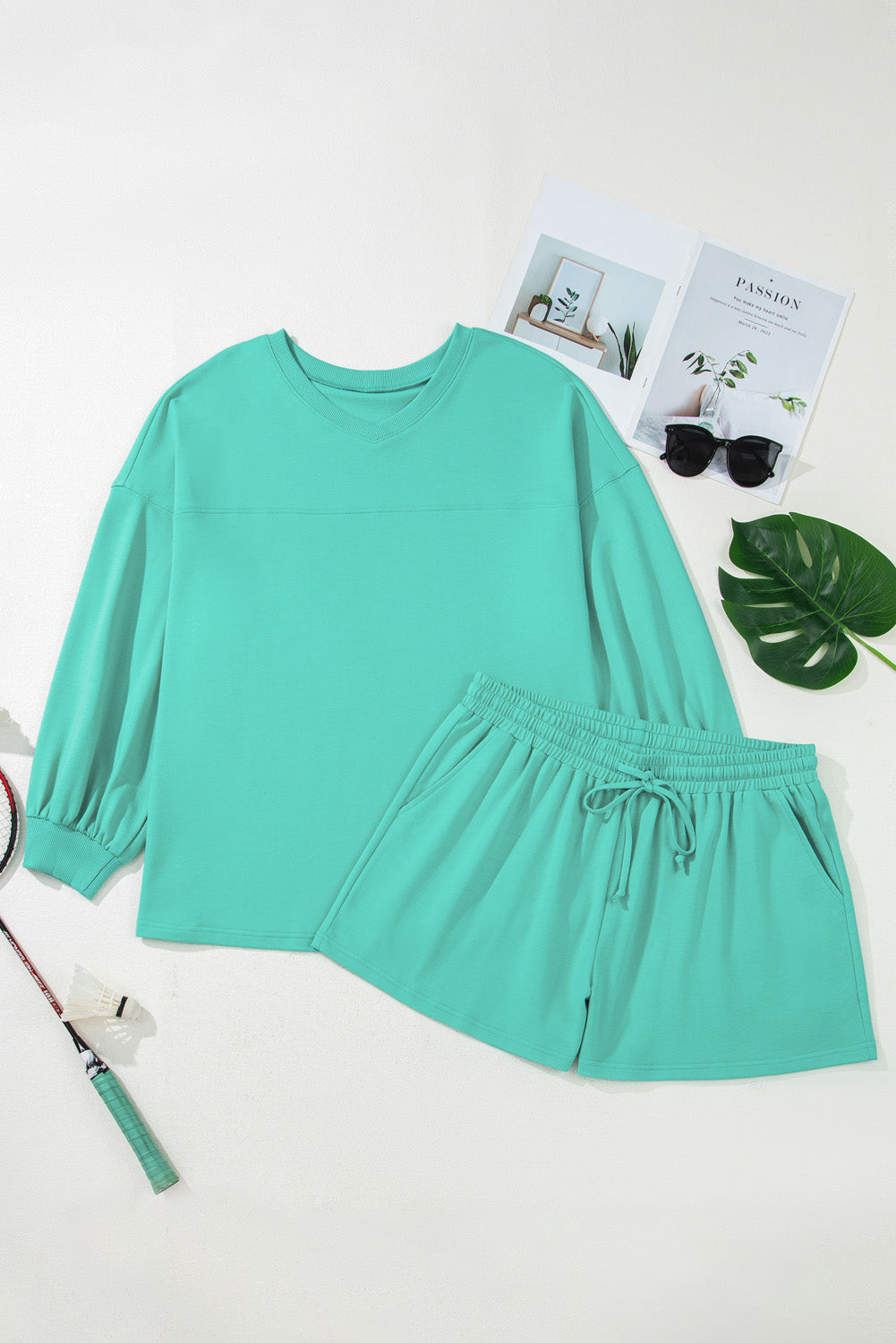 Sea Green V-Neck Sweatshirt and Drawstring Short Plus Size Set