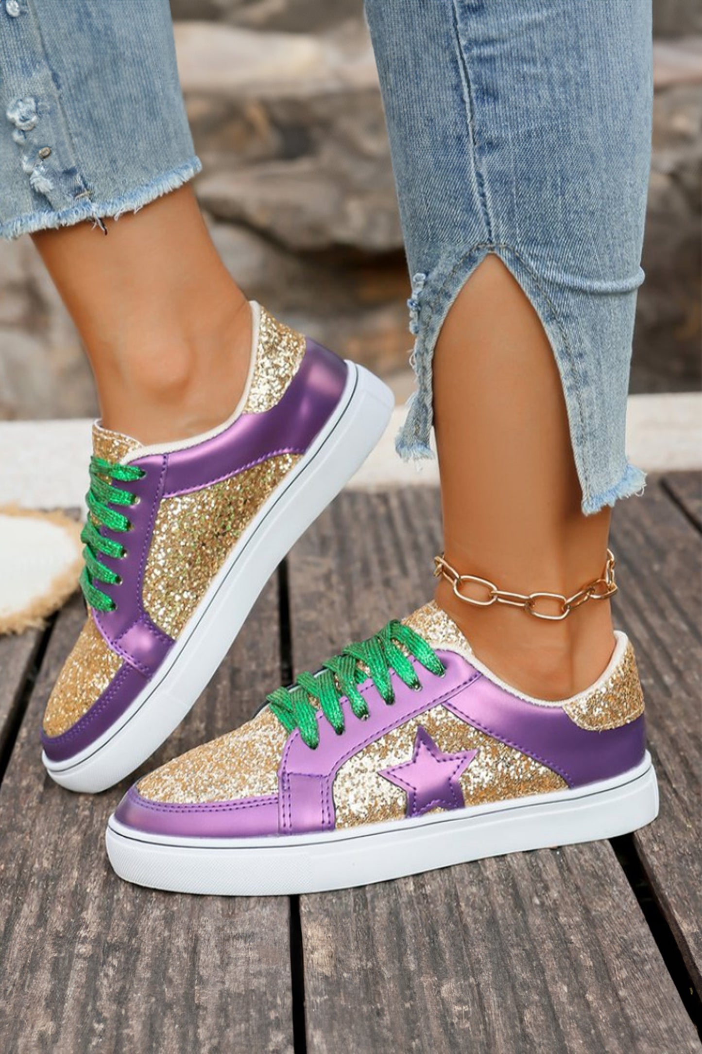 Glitter Star Patchwork Faux Leather Lace-up Sneakers