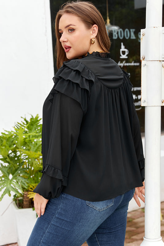 Black Ruffle Balloon-Sleeve Chiffon Plus Size Shirt