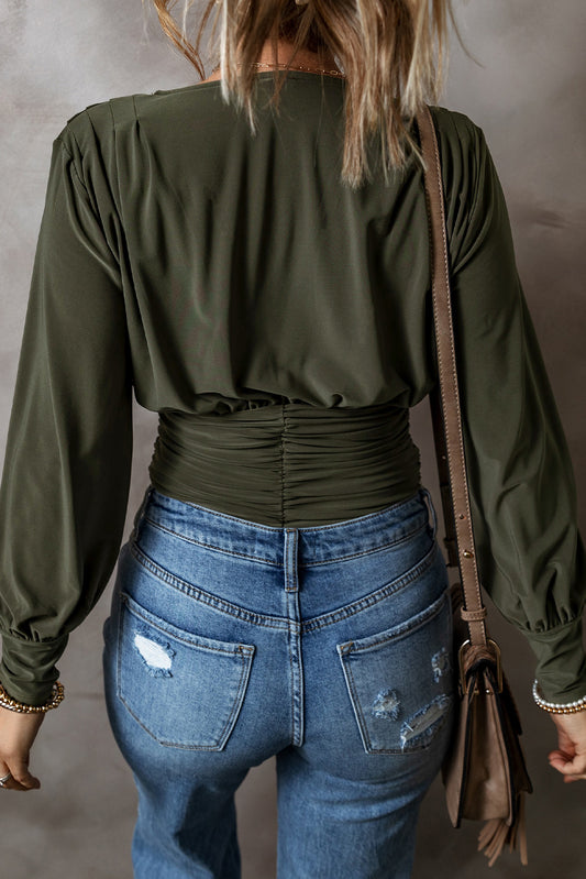 Moss Green Ruched Wrap V-Neck Long Sleeve Bodysuit