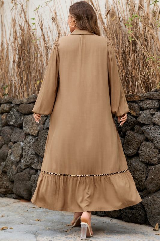 Smocked V-Neckline Leopard Piping Accent Plus Size Long Dress