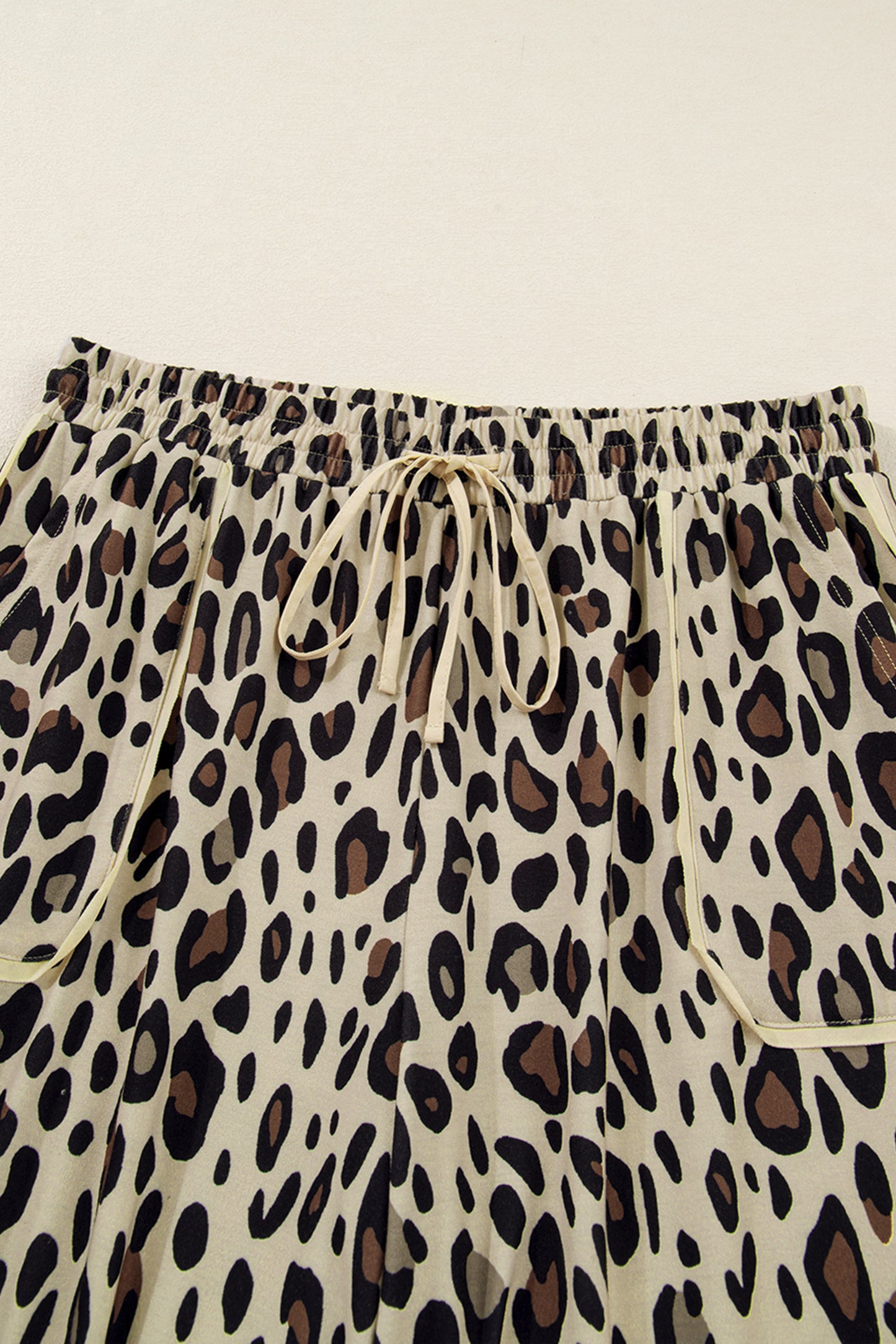 Leopard Print Exposed Seam Plus Size Drawstring Wide Leg Pants