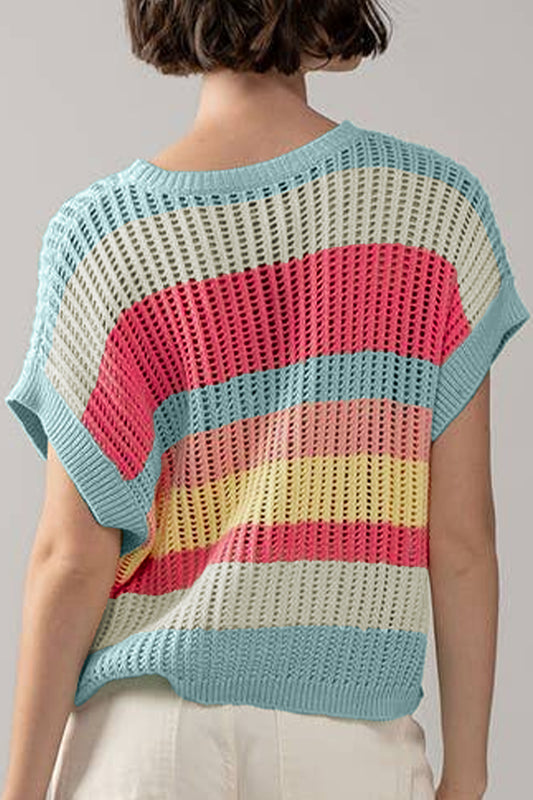 Striped Color Block Short Sleeve Knitted Top