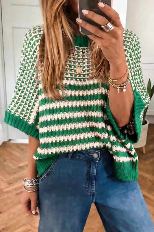 Striped 3/4 Draped Sleeve Slouchy Knitted Top