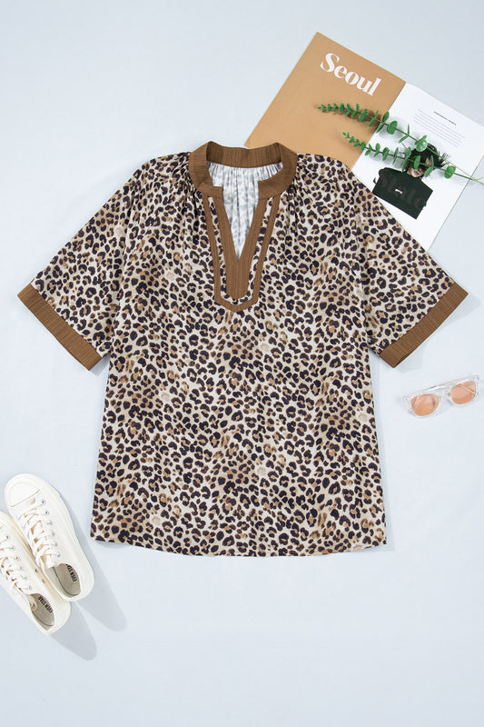 Brown Plus-Size Leopard Print Crinkled Colorblock Patchwork V-Neck Blouse