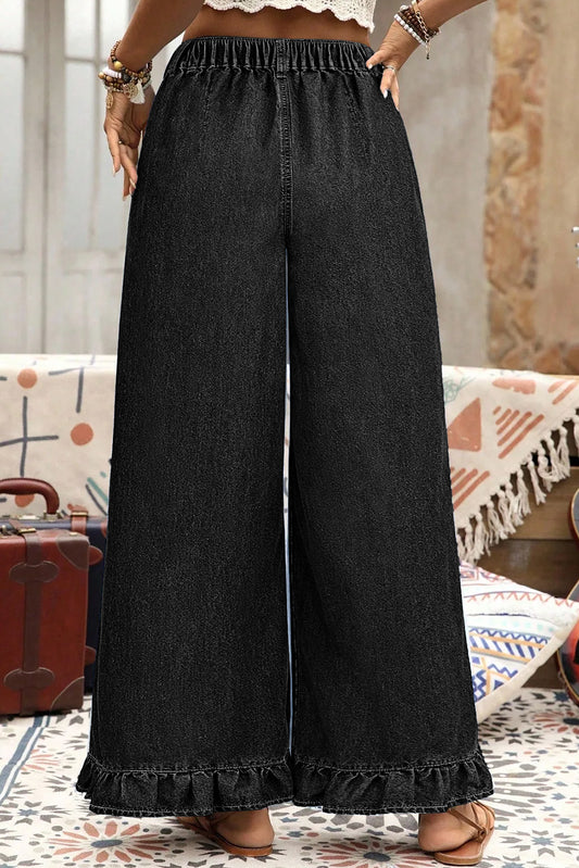 Plus Size Elastic Waist Ruffled Wide Leg Denim Pants