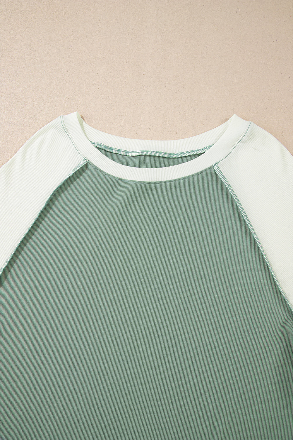 Mint Green Ribbed Colorblock Patchwork Long Sleeve Top
