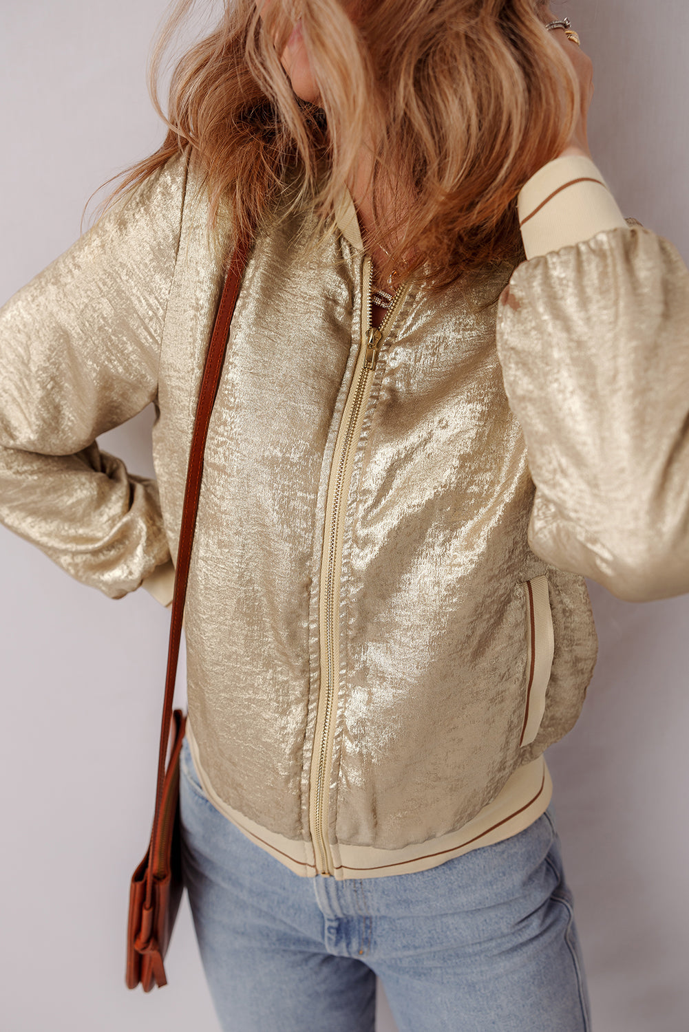 Pale Khaki Metallic Zip-up Baseball Jacket