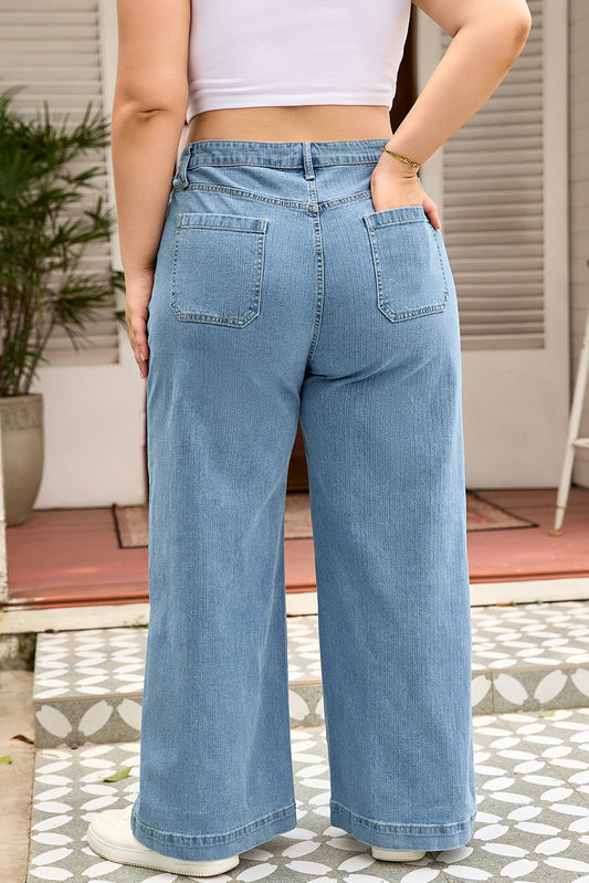 Patched Pocket Textured Wide-Leg Plus Size Jeans