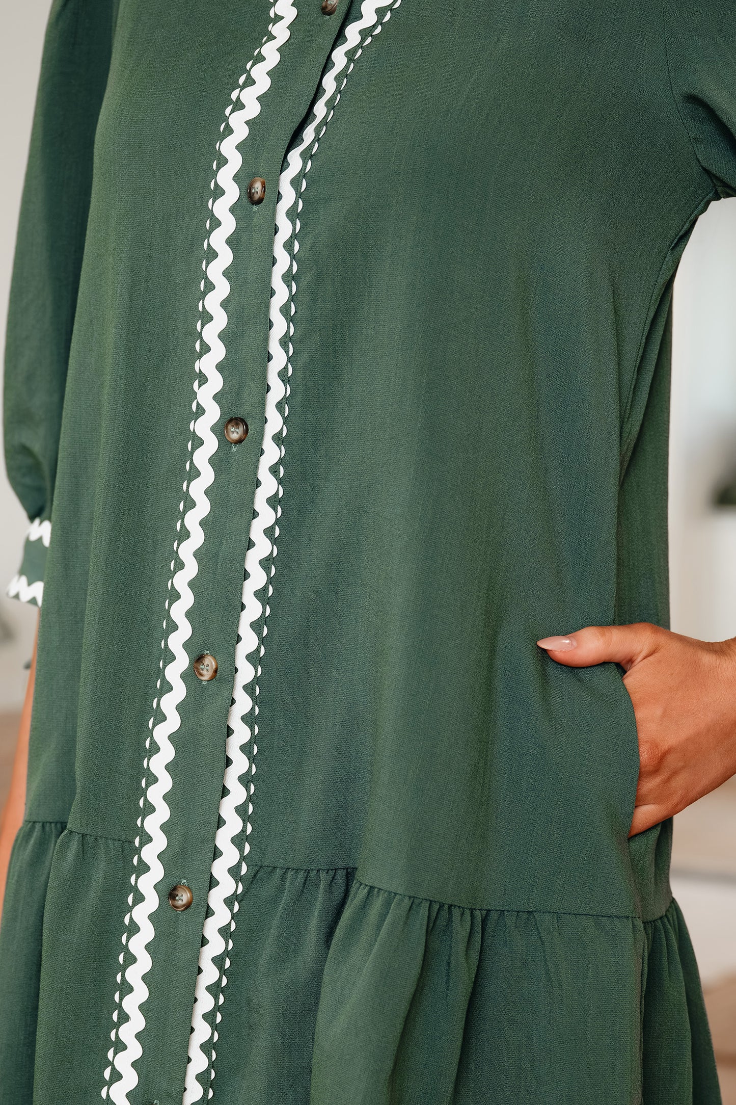 Ricrac Trim Button V-Neck Knotted Bracelet Sleeve Shift Dress