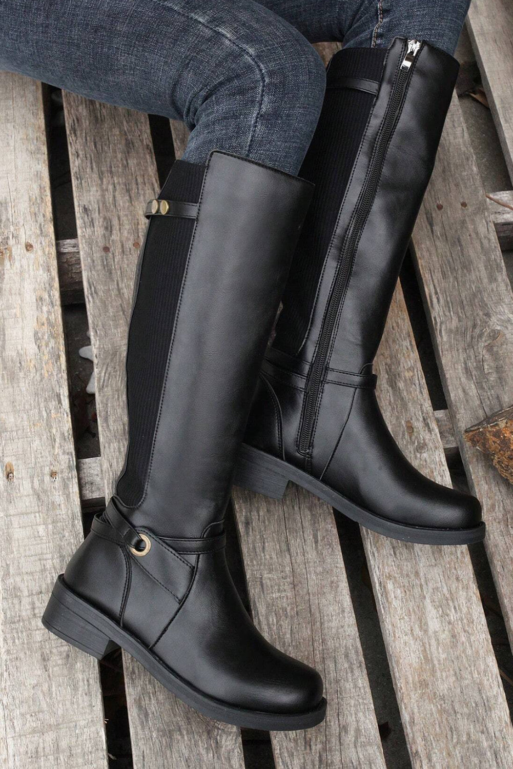 Black Side-Zipper Knee High Chunky Low Heel Boots