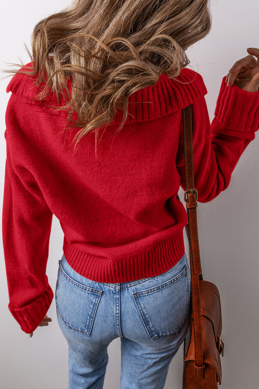 Collared V-Neck Ribbed Edge Sexy Elegant Sweater