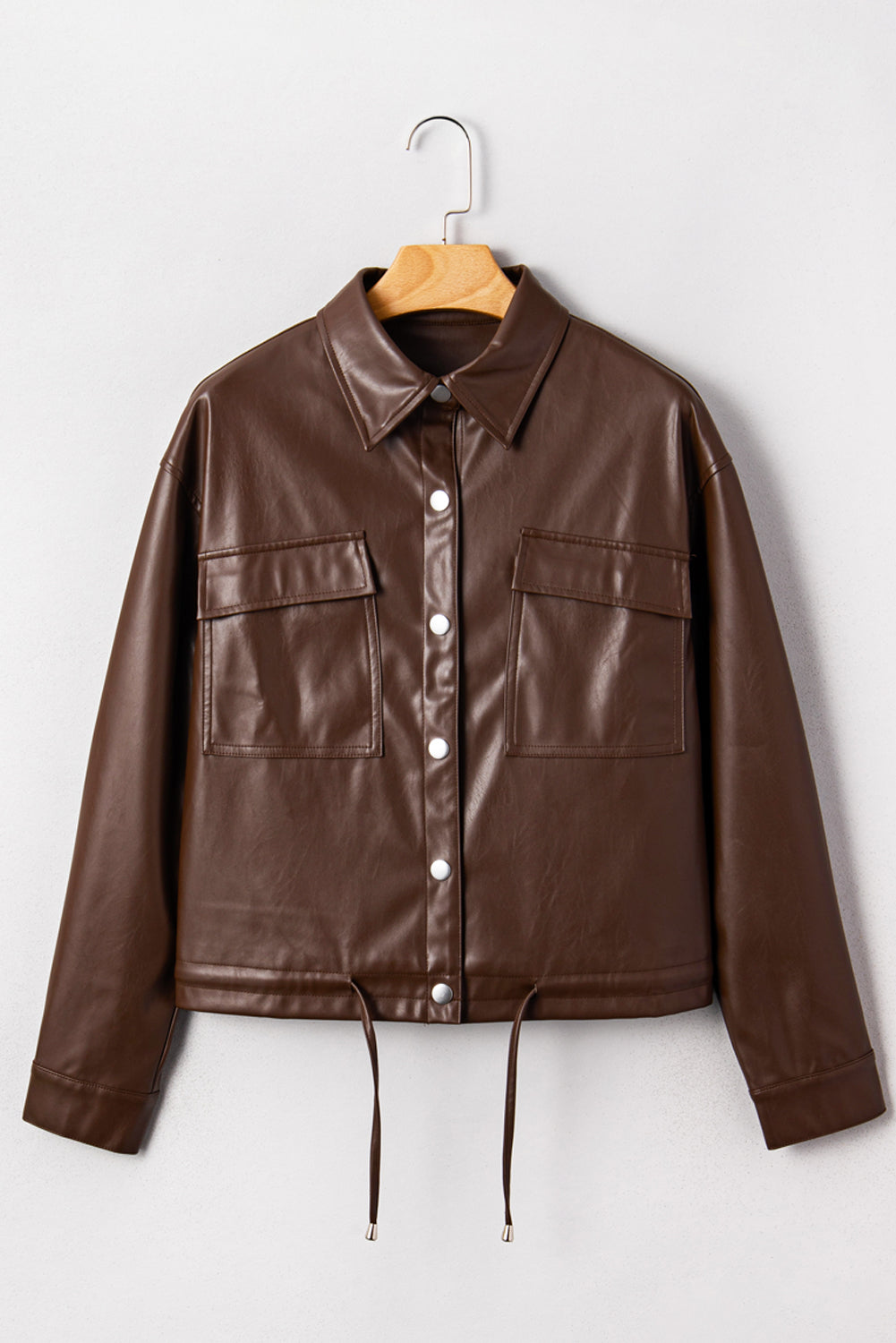 Double Flap Pocket Drawstring Hem Faux Leather Jacket