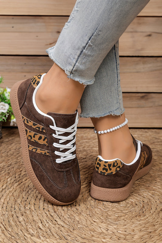 Coffee Contrast Lace-up Leopard Patchwork Detail Faux Suede Sneakers