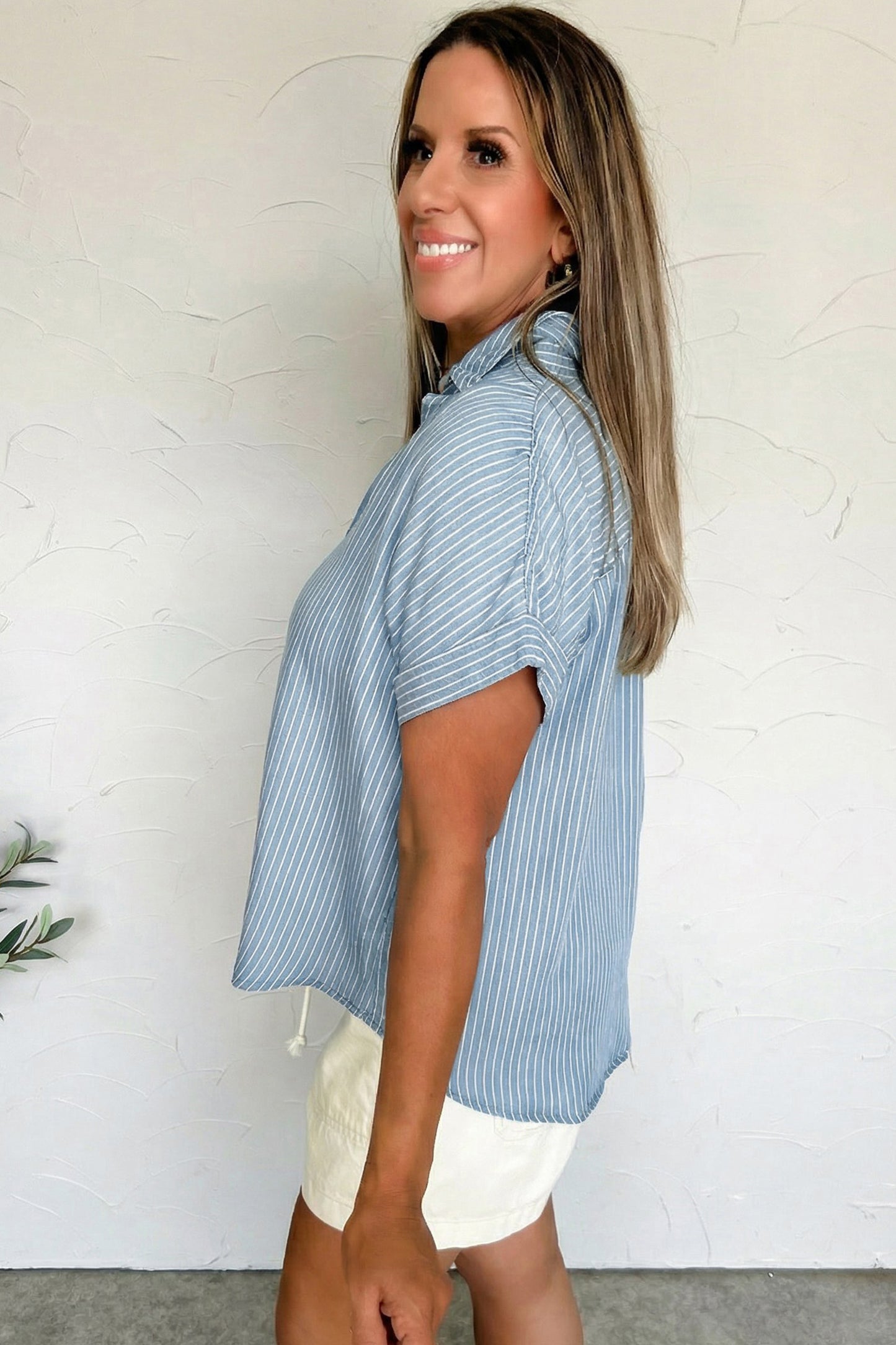 Sky Blue Striped Cuffed Short Sleeve Button-up Loose Shirt
