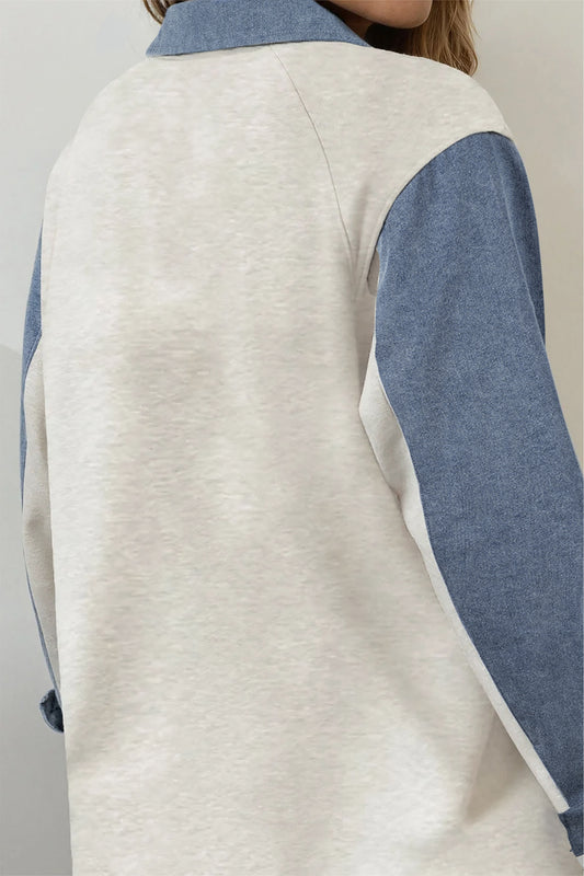 Light Grey Denim Patchwork Long Sleeve Top