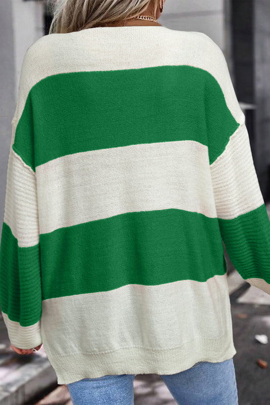 Loose Color Block Drop Shoulder Bubble Sleeve Knitted Top
