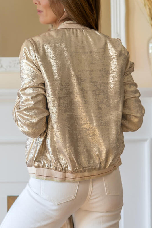 Pale Khaki Metallic Zip-up Baseball Jacket