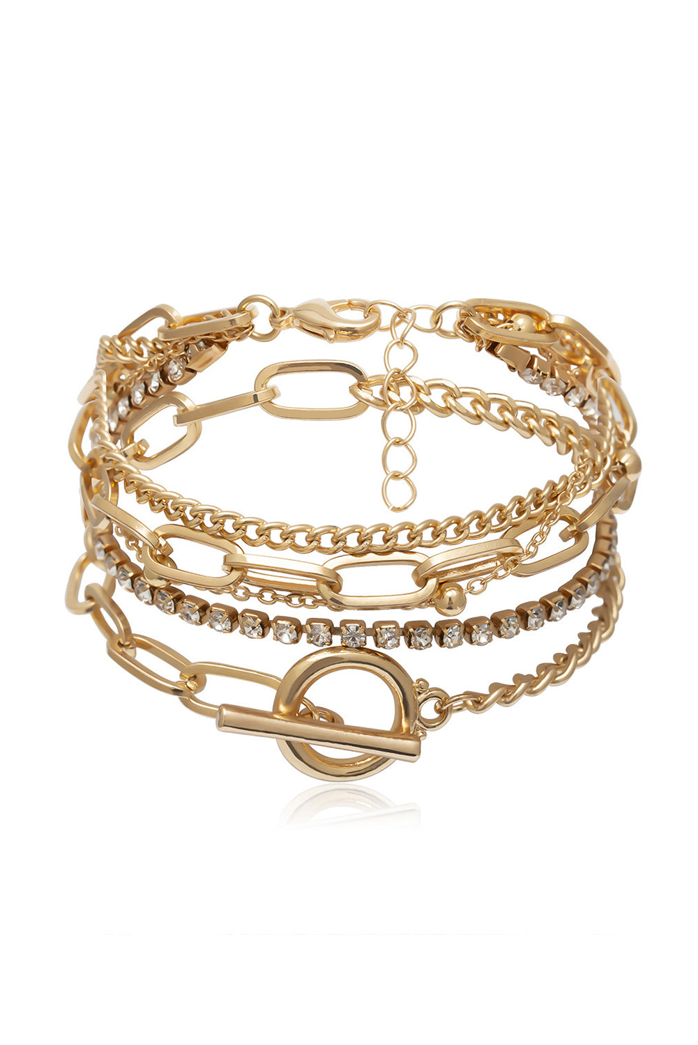 Gold Multi-Layered Rhinestone Plated Chain Bracelet Set