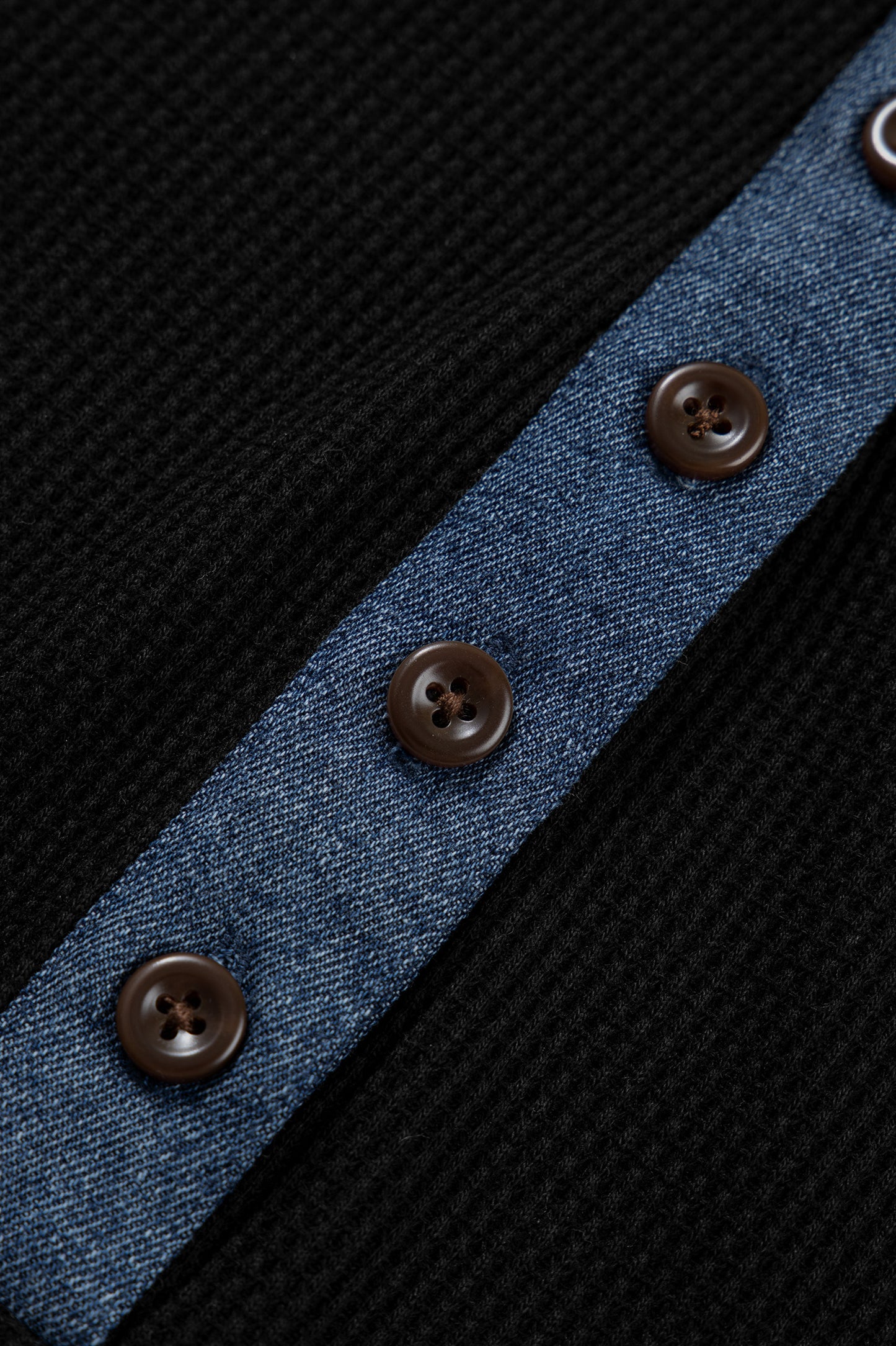 Black Textured Knit Denim Patchwork Button Polo Collar Long Sleeve Top