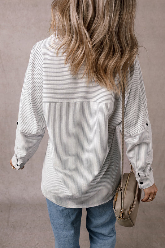 Striped Roll-tab Sleeve Pocketed Long Shirt