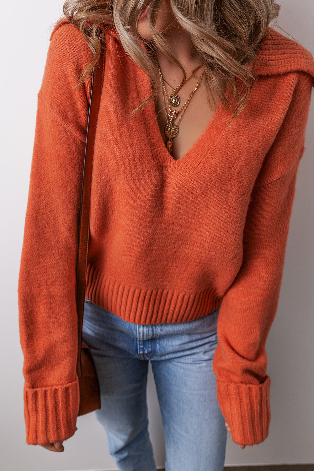 Collared V-Neck Ribbed Edge Sexy Elegant Sweater