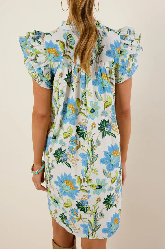 Floral Print V Neck Triple Ruffle Short Sleeve Shift Mini Dress