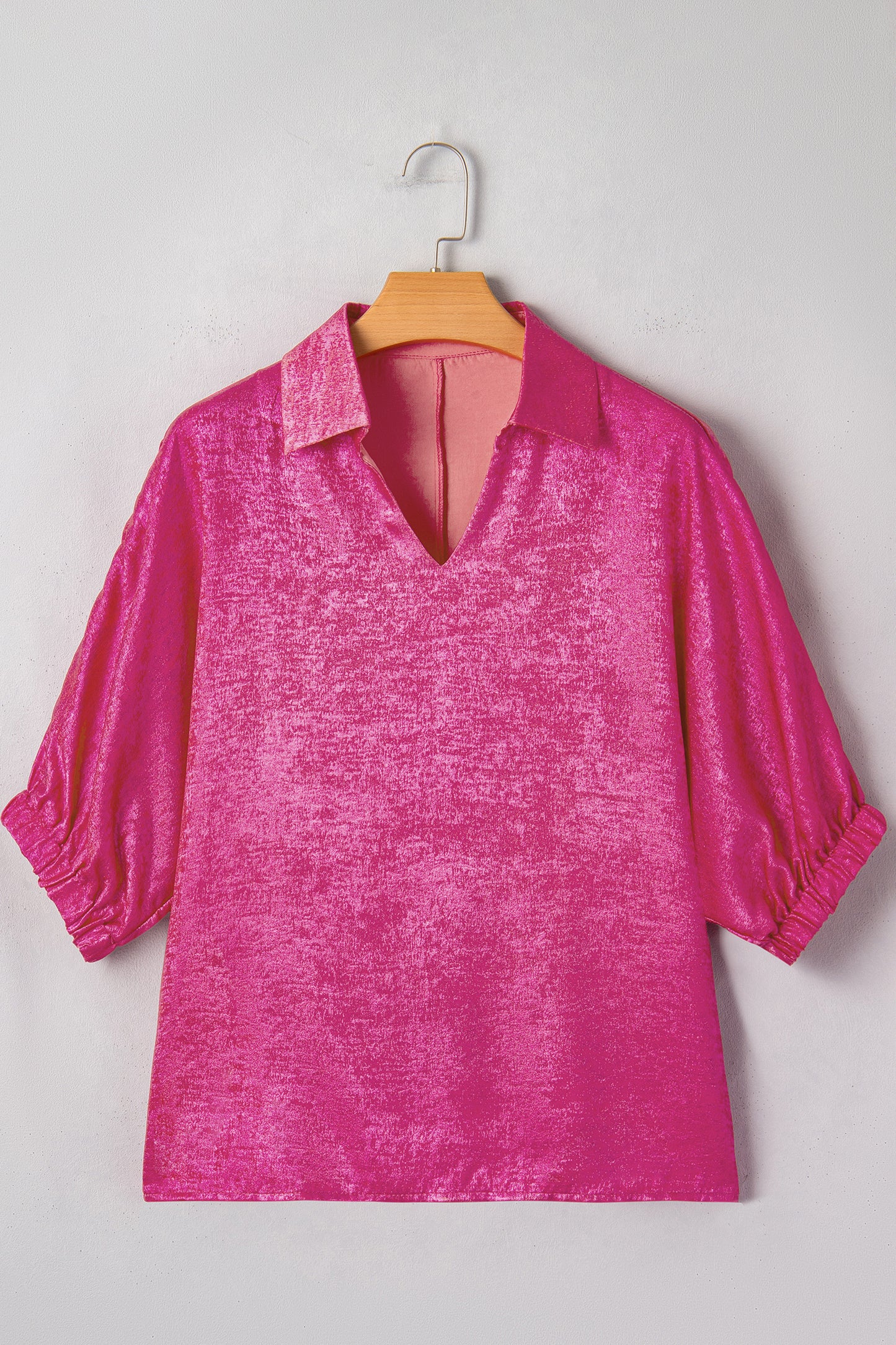 Strawberry Pink Collared V-Neck Half Sleeve Metallic Top