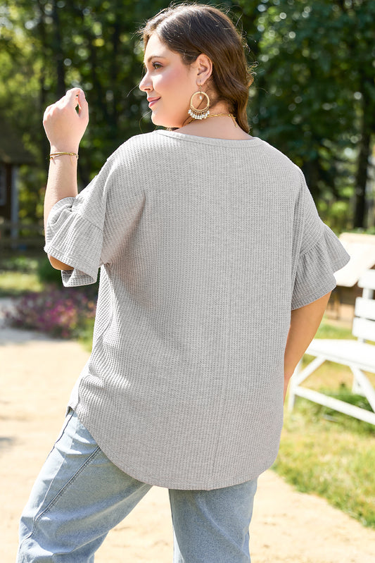 Light Grey Lace Insert Waffle Ruffle Short-Sleeve Plus-Size Top