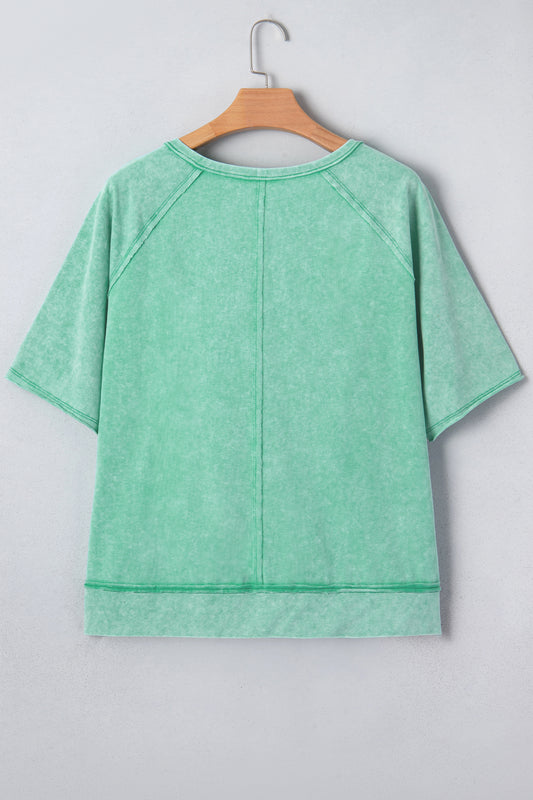 Mint Green Half Buttons Raw Seam Raglan Sleeve Mineral Wash T-Shirt