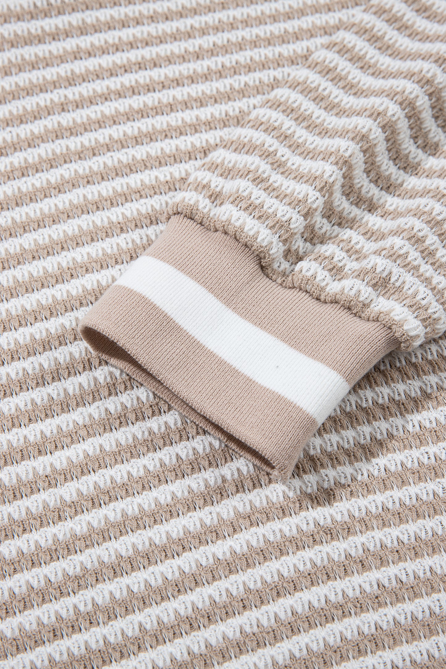 Beige Striped Textured-Knit V-Neck Casual Top