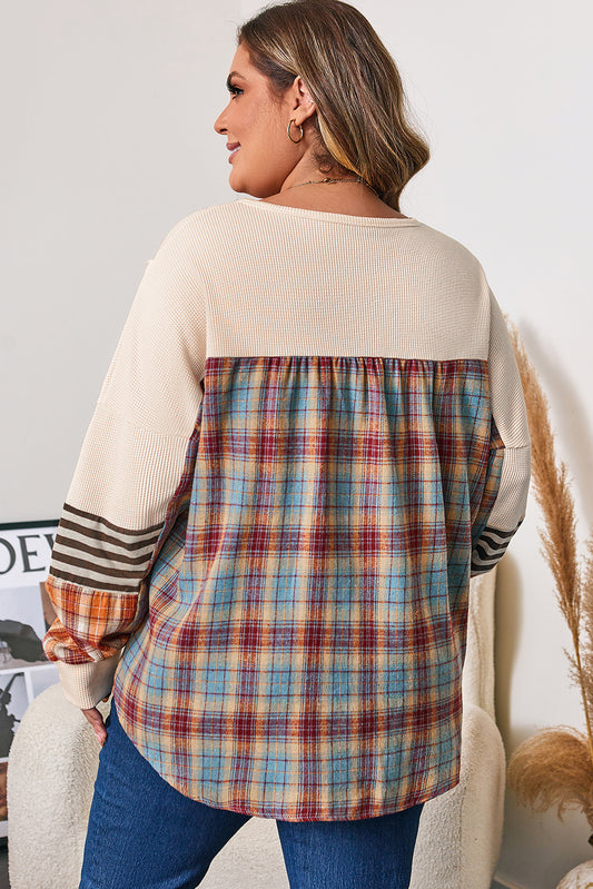 Plus-Size Waffle Colorblock Striped Plaid Patchwork Half-Button Pullover