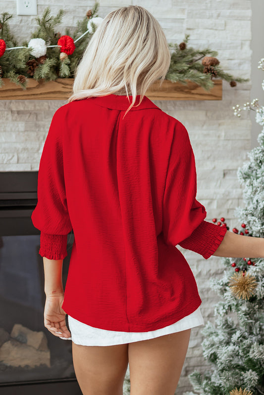 Fiery Red V-Neck Collared Shirred 3/4 Sleeve Oversized Tunic Top