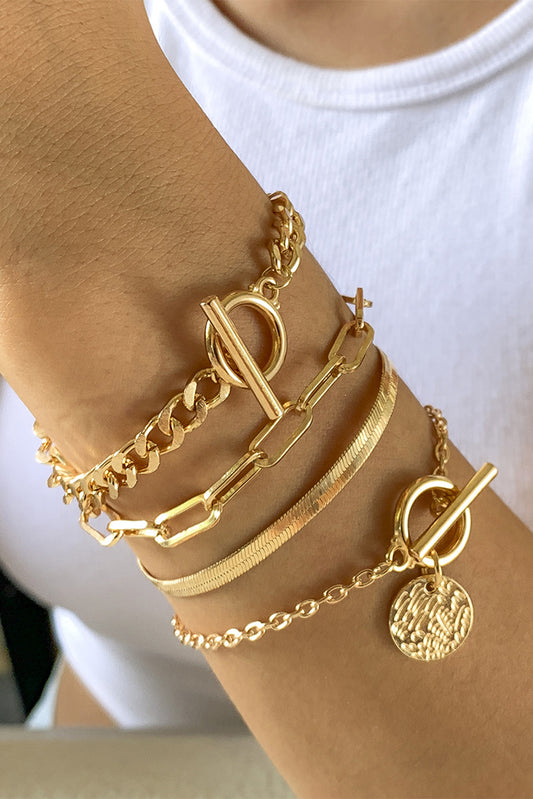 Gold Multi-Layered Rhinestone Plated Chain Bracelet Set