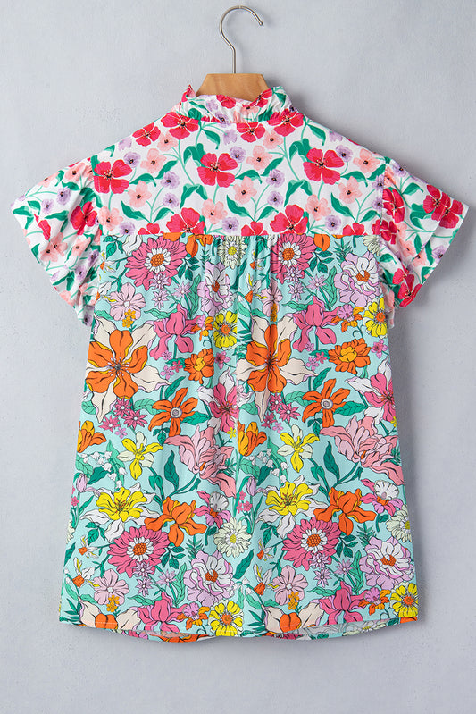 Floral Print Split Neck Button Front Flutter Sleeve Blouse