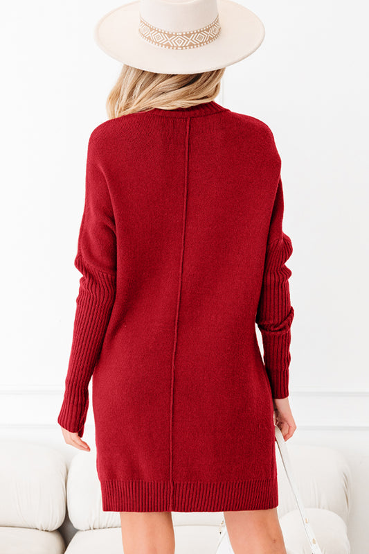 Ribbed High-Neck Front Pockets Center Seam Shift Sweater Dress