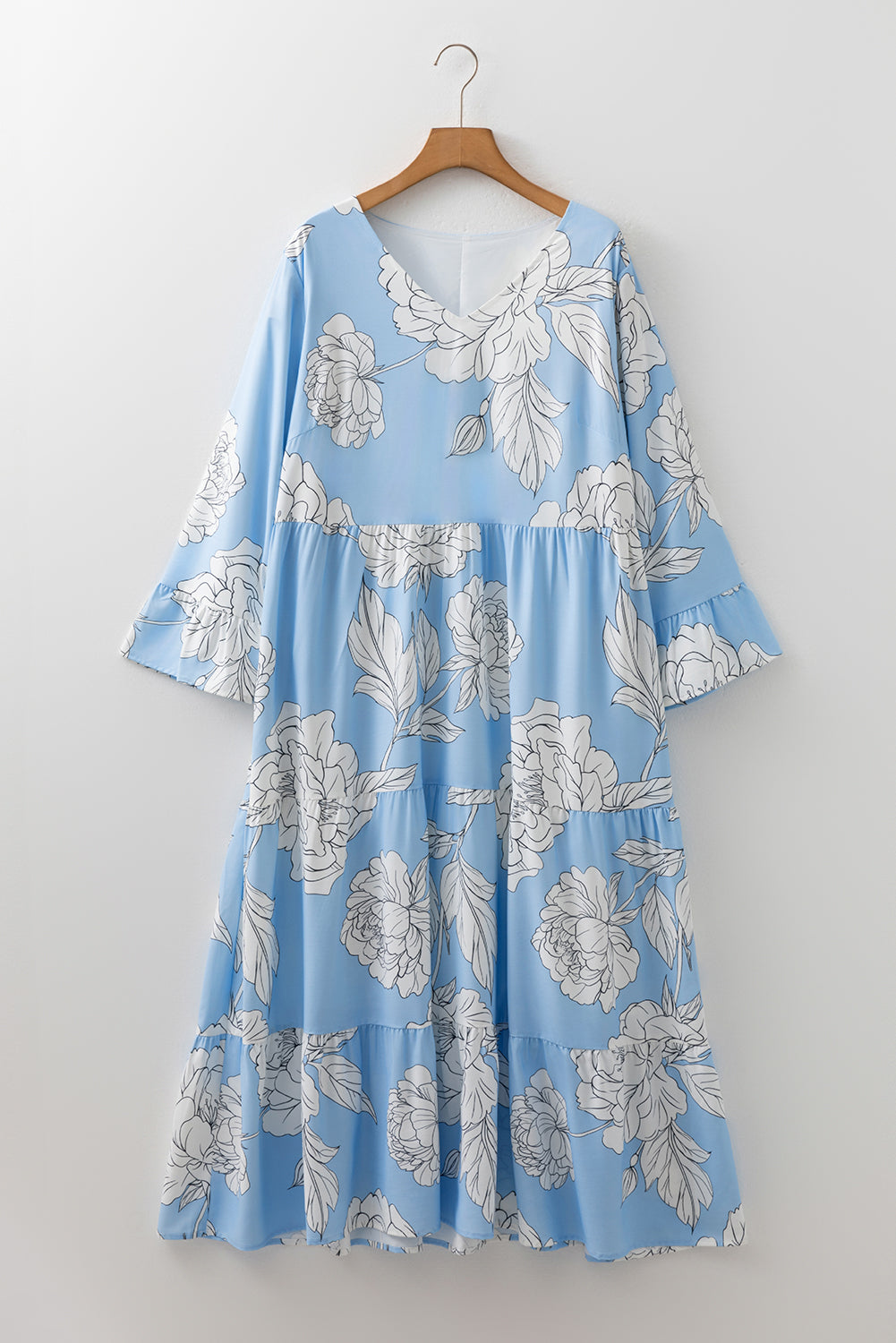 Sky Blue Floral Bracelet-Sleeve V-Neck Plus-Size Tiered Maxi Dress
