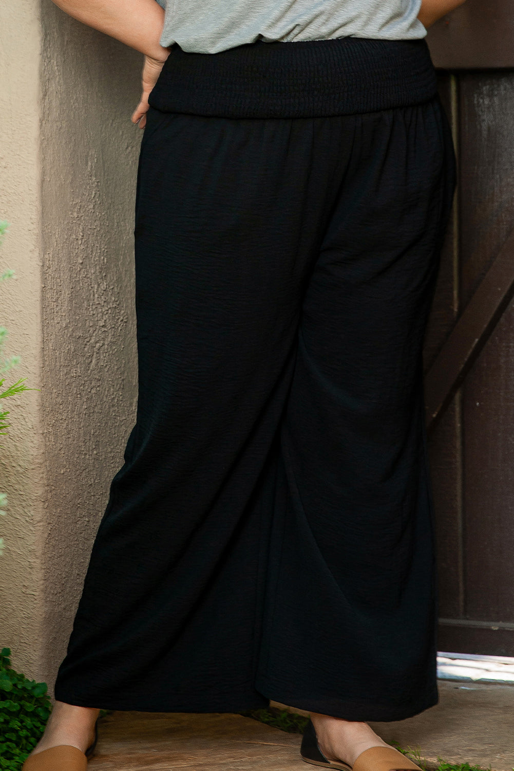 Black Shirred High-Waist Plus Size Wide-Leg Pants