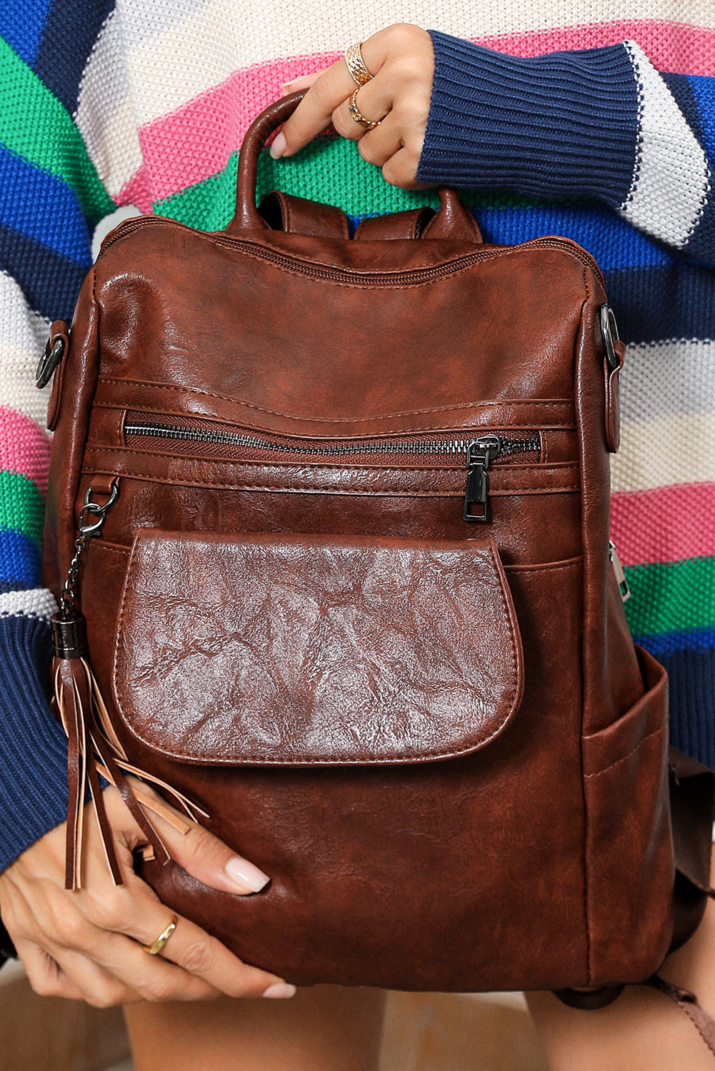 Dark Brown Tassel Decor Retro Faux Leather Backpack