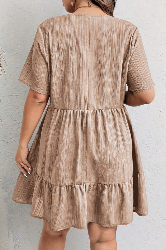 Dark Khaki Plus Size Textured Ruffled Short Sleeve Dress