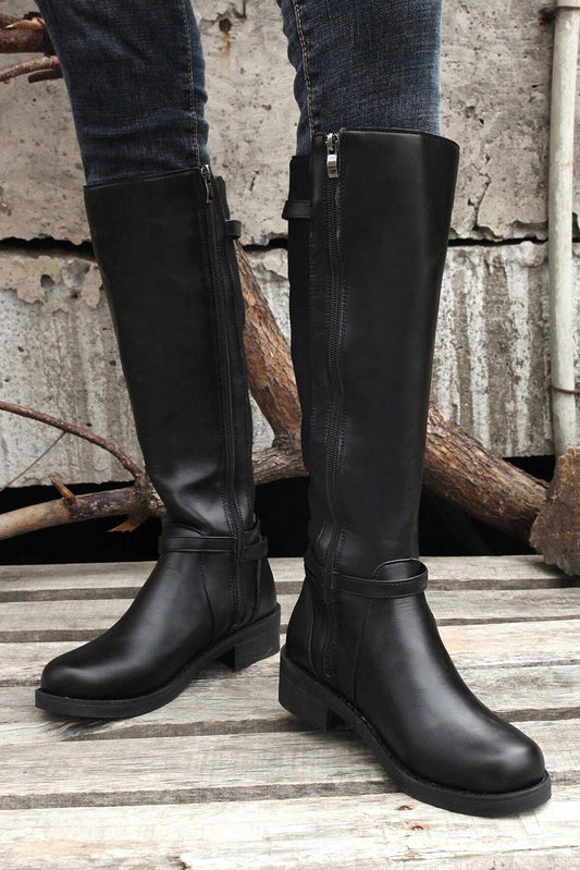 Black Side-Zipper Knee High Chunky Low Heel Boots