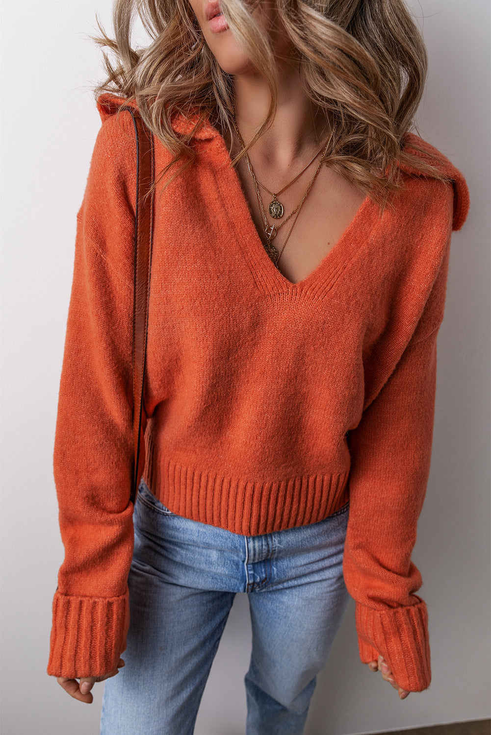 Collared V-Neck Ribbed Edge Sexy Elegant Sweater