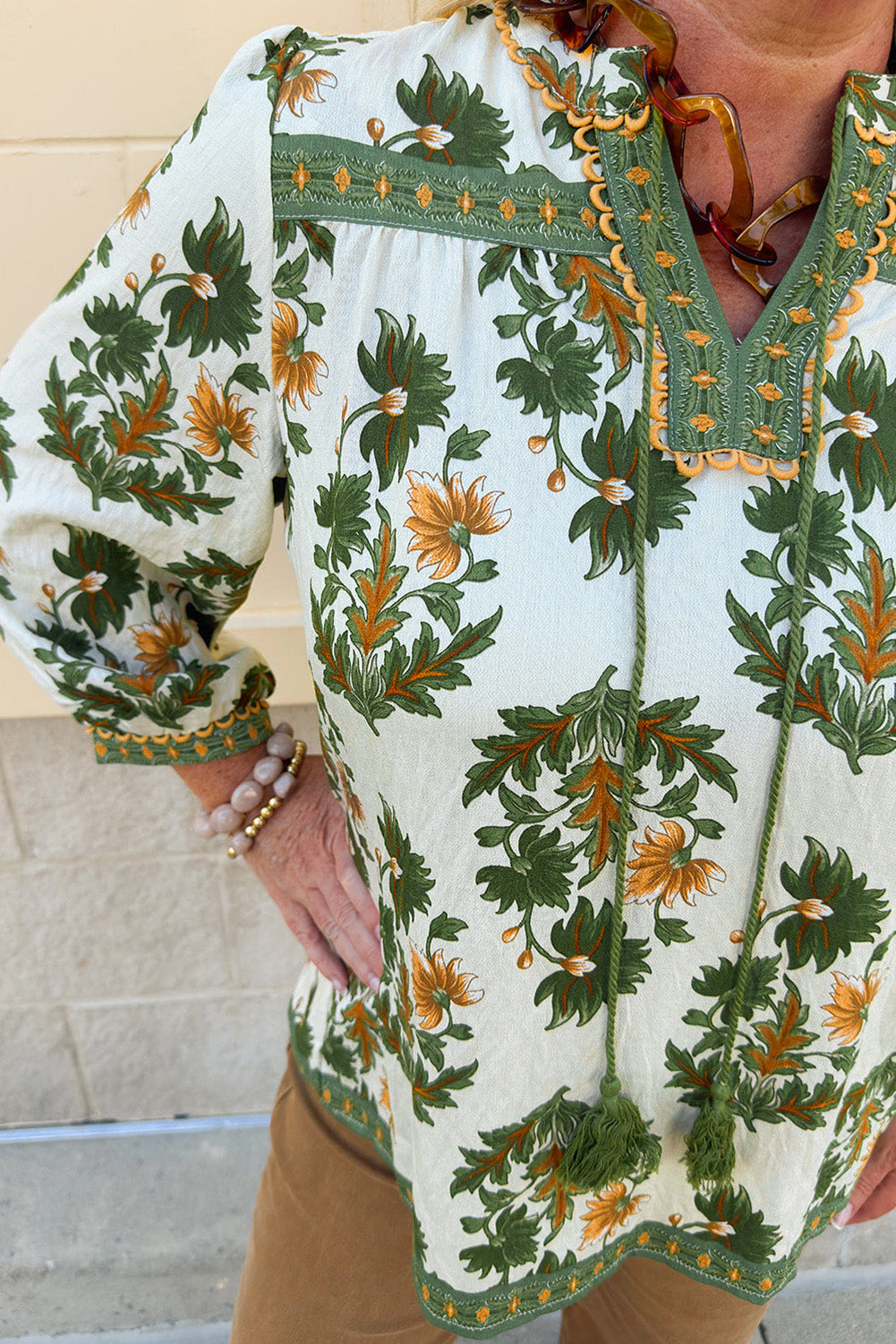 Green Plus-Size Floral Printed Contrast Patchwork Detail Tassel Tie 3/4 Sleeve Blouse