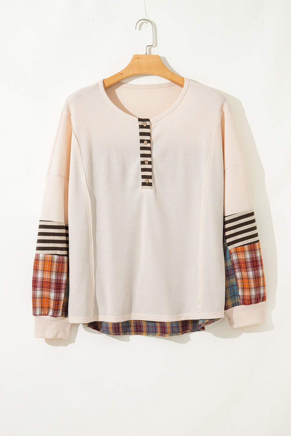 Plus-Size Waffle Colorblock Striped Plaid Patchwork Half-Button Pullover