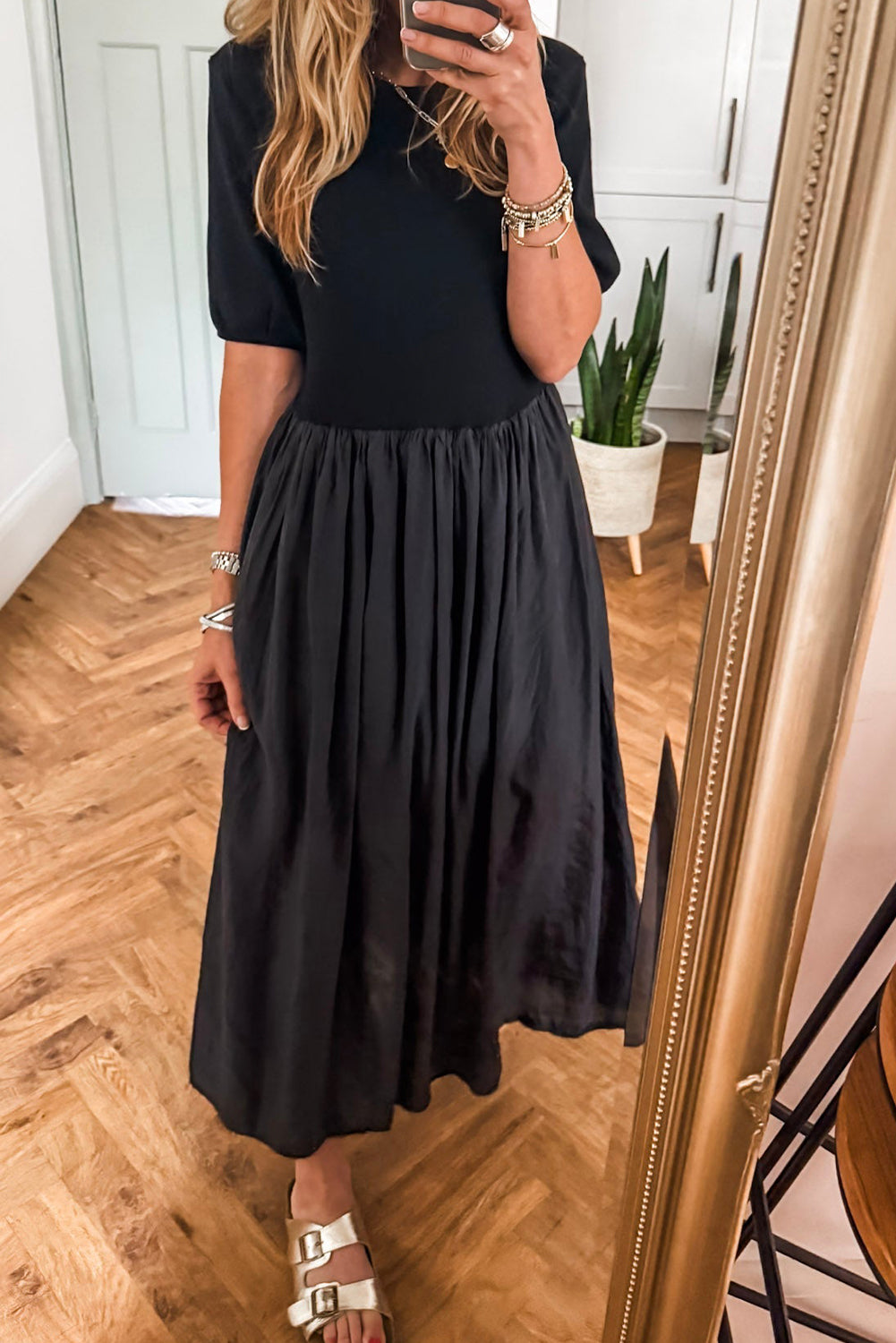 Short Sleeve Knit Top Patchwork Pleated Long Dress