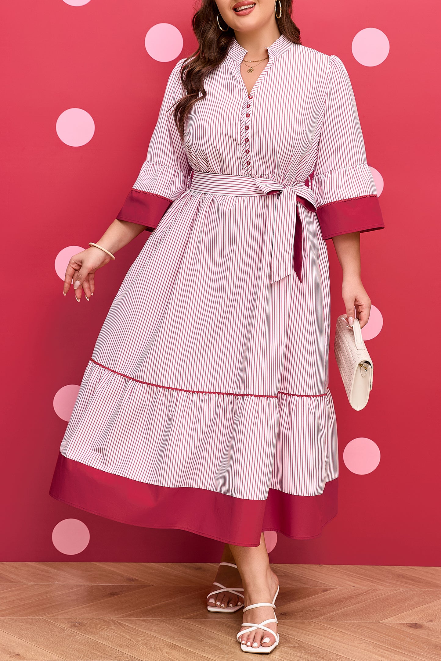 Red Stripe Plus-Size Ruffled Hem Pinstriped Midi Dress