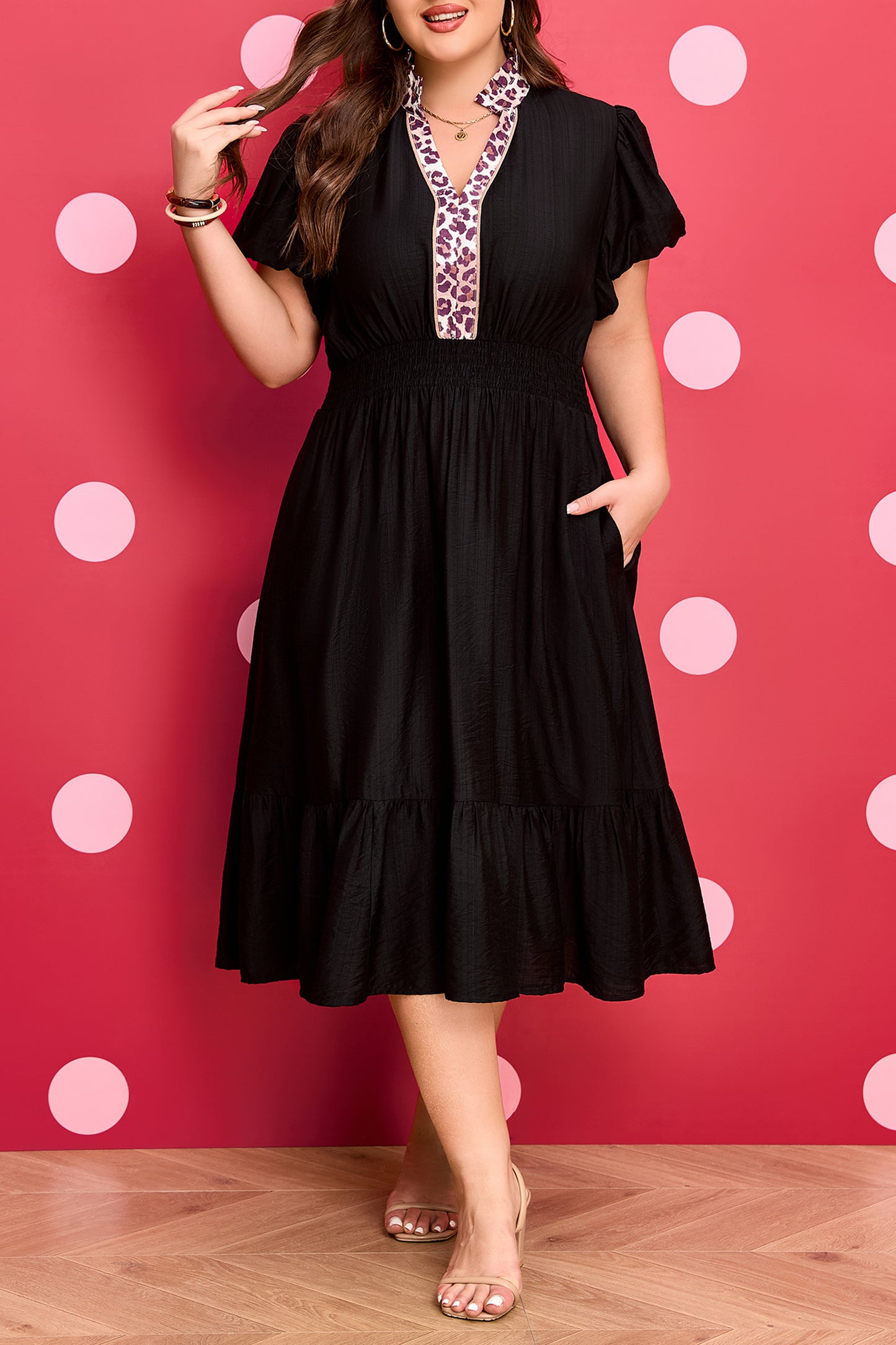 Black Leopard V-Neck Patchwork Smocked Waist Plus-Size Ruffled Dress