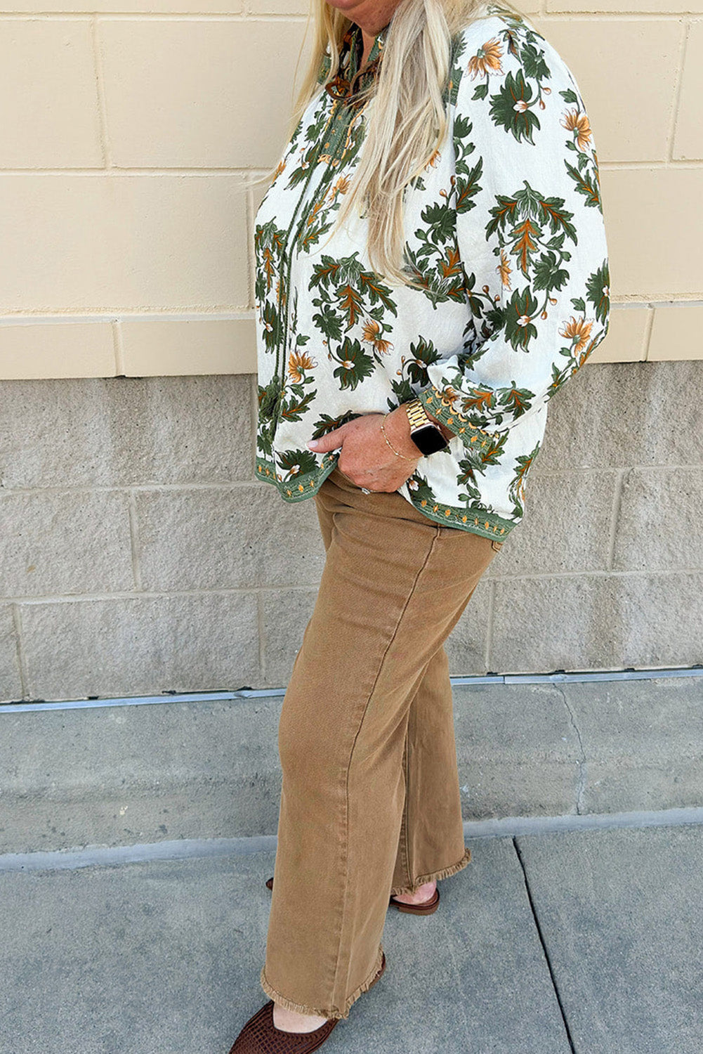 Green Plus-Size Floral Printed Contrast Patchwork Detail Tassel Tie 3/4 Sleeve Blouse