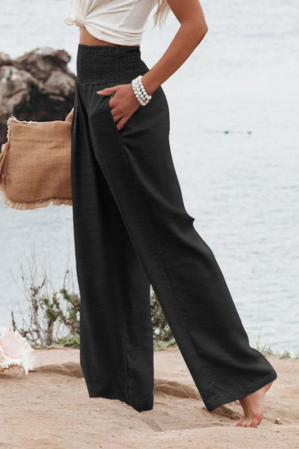 Black Shirred High-Waist Plus Size Wide-Leg Pants